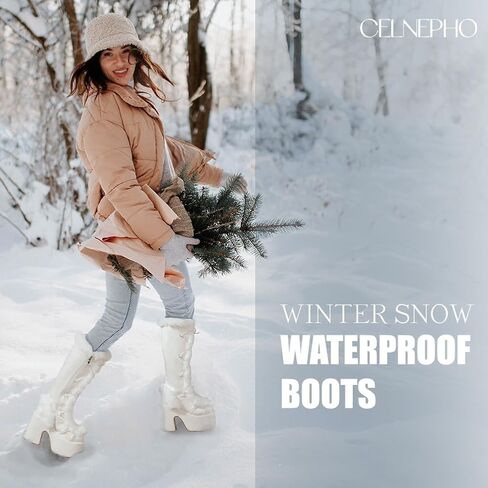 CELNEPHO Gothic Platform Knee High Boots Faux Fur Block Heel Winter Shoes | Goth punk design, lace-up closure, thick 3" platform, faux fur trim, 5.1" chunky block heel, side zipper, winter snow shoes in Kuwait