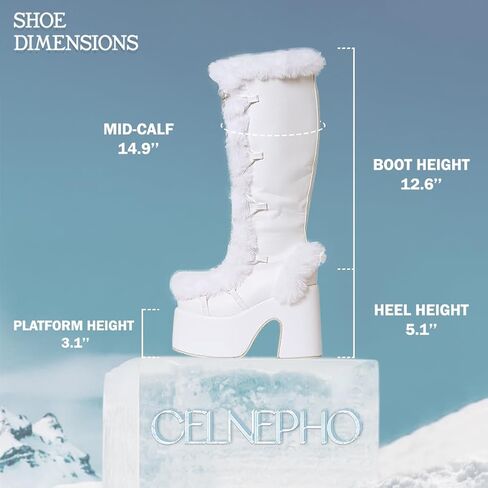 CELNEPHO Gothic Platform Knee High Boots Faux Fur Block Heel Winter Shoes | Goth punk design, lace-up closure, thick 3" platform, faux fur trim, 5.1" chunky block heel, side zipper, winter snow shoes in Kuwait