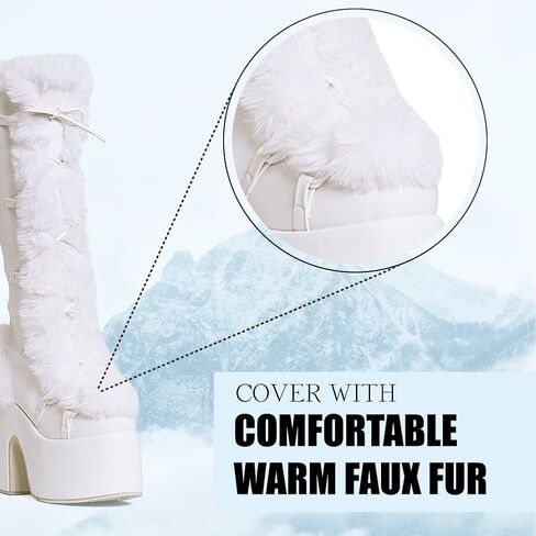 CELNEPHO Gothic Platform Knee High Boots Faux Fur Block Heel Winter Shoes | Goth punk design, lace-up closure, thick 3" platform, faux fur trim, 5.1" chunky block heel, side zipper, winter snow shoes in Kuwait