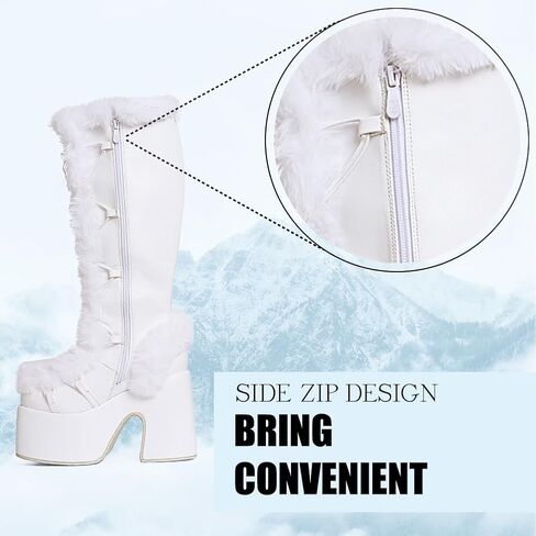 CELNEPHO Gothic Platform Knee High Boots Faux Fur Block Heel Winter Shoes | Goth punk design, lace-up closure, thick 3" platform, faux fur trim, 5.1" chunky block heel, side zipper, winter snow shoes in Kuwait