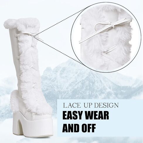 CELNEPHO Gothic Platform Knee High Boots Faux Fur Block Heel Winter Shoes | Goth punk design, lace-up closure, thick 3" platform, faux fur trim, 5.1" chunky block heel, side zipper, winter snow shoes in Kuwait