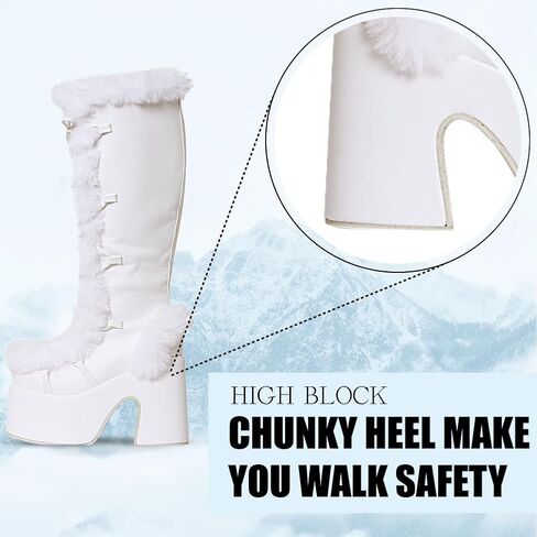 CELNEPHO Gothic Platform Knee High Boots Faux Fur Block Heel Winter Shoes | Goth punk design, lace-up closure, thick 3" platform, faux fur trim, 5.1" chunky block heel, side zipper, winter snow shoes in Kuwait