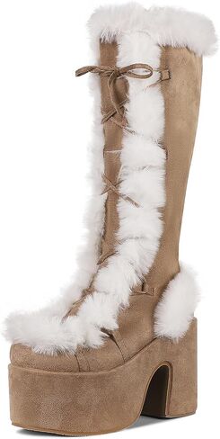 CELNEPHO Gothic Platform Knee High Boots Faux Fur Block Heel Winter Shoes | Goth punk design, lace-up closure, thick 3" platform, faux fur trim, 5.1" chunky block heel, side zipper, winter snow shoes in Kuwait