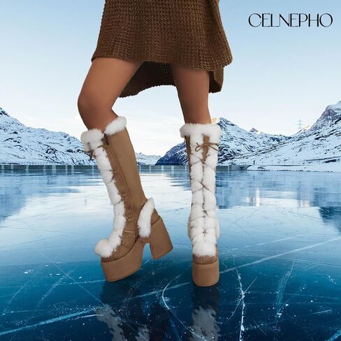 CELNEPHO Gothic Platform Knee High Boots Faux Fur Block Heel Winter Shoes | Goth punk design, lace-up closure, thick 3" platform, faux fur trim, 5.1" chunky block heel, side zipper, winter snow shoes in Kuwait