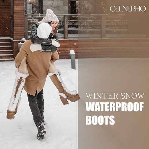 CELNEPHO Gothic Platform Knee High Boots Faux Fur Block Heel Winter Shoes | Goth punk design, lace-up closure, thick 3" platform, faux fur trim, 5.1" chunky block heel, side zipper, winter snow shoes in Kuwait