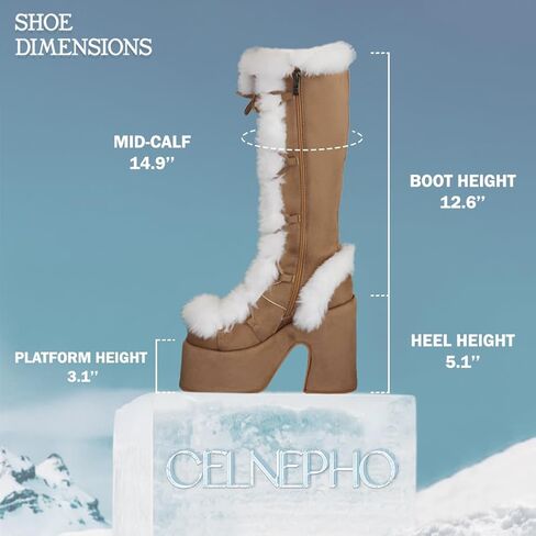 CELNEPHO Gothic Platform Knee High Boots Faux Fur Block Heel Winter Shoes | Goth punk design, lace-up closure, thick 3" platform, faux fur trim, 5.1" chunky block heel, side zipper, winter snow shoes in Kuwait