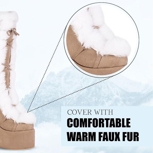 CELNEPHO Gothic Platform Knee High Boots Faux Fur Block Heel Winter Shoes | Goth punk design, lace-up closure, thick 3" platform, faux fur trim, 5.1" chunky block heel, side zipper, winter snow shoes in Kuwait