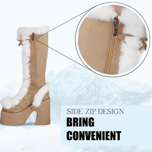CELNEPHO Gothic Platform Knee High Boots Faux Fur Block Heel Winter Shoes | Goth punk design, lace-up closure, thick 3" platform, faux fur trim, 5.1" chunky block heel, side zipper, winter snow shoes in Kuwait