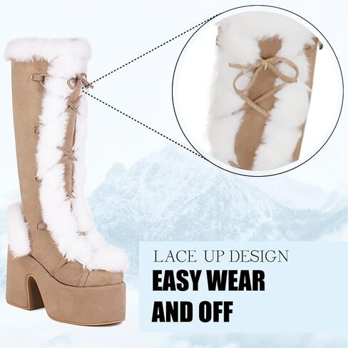CELNEPHO Gothic Platform Knee High Boots Faux Fur Block Heel Winter Shoes | Goth punk design, lace-up closure, thick 3" platform, faux fur trim, 5.1" chunky block heel, side zipper, winter snow shoes in Kuwait