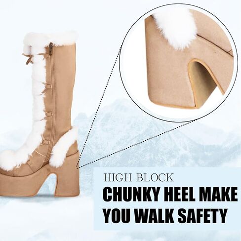 CELNEPHO Gothic Platform Knee High Boots Faux Fur Block Heel Winter Shoes | Goth punk design, lace-up closure, thick 3" platform, faux fur trim, 5.1" chunky block heel, side zipper, winter snow shoes in Kuwait