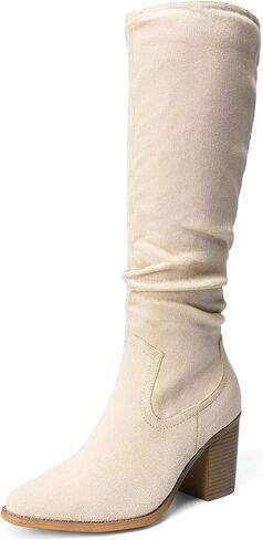 DREAM PAIRS Women's Slouchy Knee-High Chunky Heel Boots | 3-in Block Heel,Faux Suede Leather,Slouch Pull-on,Side Zipper,Pointed Toe,Comfortable Fall Winter Boots for Women in Kuwait