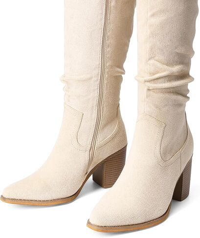 DREAM PAIRS Women's Slouchy Knee-High Chunky Heel Boots | 3-in Block Heel,Faux Suede Leather,Slouch Pull-on,Side Zipper,Pointed Toe,Comfortable Fall Winter Boots for Women in Kuwait