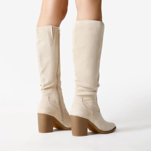 DREAM PAIRS Women's Slouchy Knee-High Chunky Heel Boots | 3-in Block Heel,Faux Suede Leather,Slouch Pull-on,Side Zipper,Pointed Toe,Comfortable Fall Winter Boots for Women in Kuwait