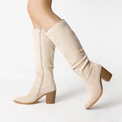 DREAM PAIRS Women's Slouchy Knee-High Chunky Heel Boots | 3-in Block Heel,Faux Suede Leather,Slouch Pull-on,Side Zipper,Pointed Toe,Comfortable Fall Winter Boots for Women in Kuwait