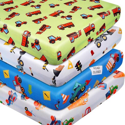 Crib Sheets Set of 4, Portable Soft Comfortable Crib Sheets, Novel Patterns Toddler Bed Sheets for Baby Girls Boys, 52''x28'' Standard Size Fitted Baby Crib Sheet Nursery Decor（Construction） in Kuwait