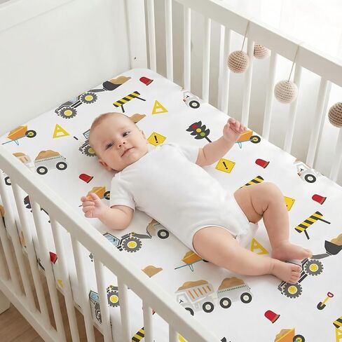 Crib Sheets Set of 4, Portable Soft Comfortable Crib Sheets, Novel Patterns Toddler Bed Sheets for Baby Girls Boys, 52''x28'' Standard Size Fitted Baby Crib Sheet Nursery Decor（Construction） in Kuwait