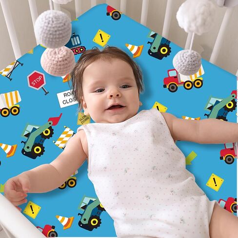 Crib Sheets Set of 4, Portable Soft Comfortable Crib Sheets, Novel Patterns Toddler Bed Sheets for Baby Girls Boys, 52''x28'' Standard Size Fitted Baby Crib Sheet Nursery Decor（Construction） in Kuwait