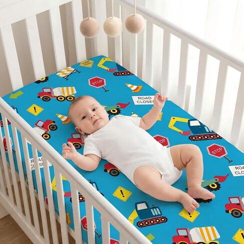 Crib Sheets Set of 4, Portable Soft Comfortable Crib Sheets, Novel Patterns Toddler Bed Sheets for Baby Girls Boys, 52''x28'' Standard Size Fitted Baby Crib Sheet Nursery Decor（Construction） in Kuwait