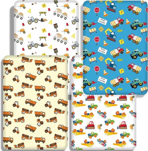 Crib Sheets Set of 4, Portable Soft Comfortable Crib Sheets, Novel Patterns Toddler Bed Sheets for Baby Girls Boys, 52''x28'' Standard Size Fitted Baby Crib Sheet Nursery Decor（Construction） in Kuwait
