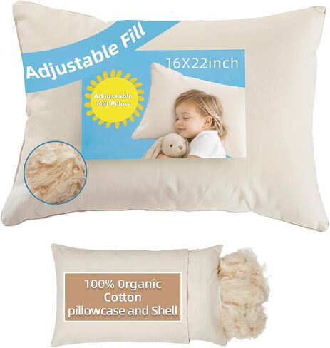 LOFE® Adjustable Organic Kapok Kids Pillow 16x22 for Kids Ages 4-12 | Youth Pillow with 100% Organic Cotton Pillowcase & Shell, Machine Washable Pillowcase, Bedroom, Preschool Nap, Camping in Kuwait