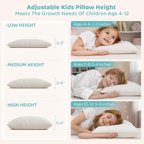 LOFE® Adjustable Organic Kapok Kids Pillow 16x22 for Kids Ages 4-12 | Youth Pillow with 100% Organic Cotton Pillowcase & Shell, Machine Washable Pillowcase, Bedroom, Preschool Nap, Camping in Kuwait