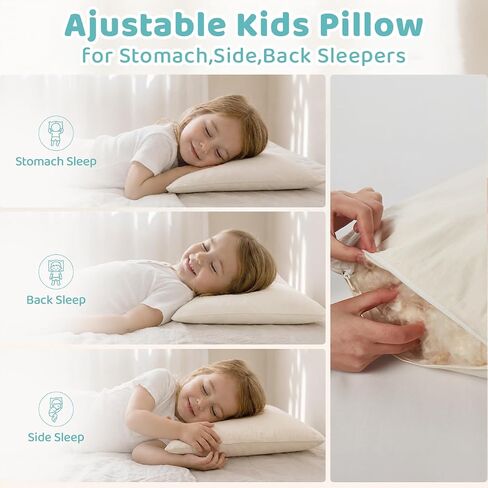 LOFE® Adjustable Organic Kapok Kids Pillow 16x22 for Kids Ages 4-12 | Youth Pillow with 100% Organic Cotton Pillowcase & Shell, Machine Washable Pillowcase, Bedroom, Preschool Nap, Camping in Kuwait