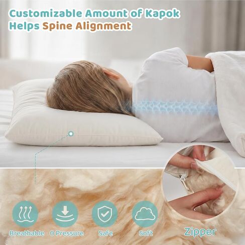 LOFE® Adjustable Organic Kapok Kids Pillow 16x22 for Kids Ages 4-12 | Youth Pillow with 100% Organic Cotton Pillowcase & Shell, Machine Washable Pillowcase, Bedroom, Preschool Nap, Camping in Kuwait