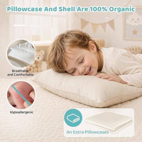 LOFE® Adjustable Organic Kapok Kids Pillow 16x22 for Kids Ages 4-12 | Youth Pillow with 100% Organic Cotton Pillowcase & Shell, Machine Washable Pillowcase, Bedroom, Preschool Nap, Camping in Kuwait