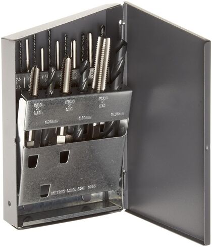 Chicago Latrobe 52541 HM18 High-Speed Steel Jobber Length Drill Bit and Tap Set with Metal Case, Black Oxide Drill Bits/Uncoated Taps, Metric, 18-piece, Metric Drill Bit Sizes, M2.5 to M12 Tap Sizes in Kuwait