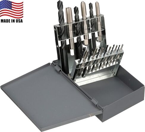 Chicago Latrobe 52541 HM18 High-Speed Steel Jobber Length Drill Bit and Tap Set with Metal Case, Black Oxide Drill Bits/Uncoated Taps, Metric, 18-piece, Metric Drill Bit Sizes, M2.5 to M12 Tap Sizes in Kuwait