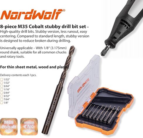 8-Piece M35 Cobalt Multi-Purpose Drill Bit Set, with 1/8" Straight Shank for Rotary Tools, SAE Sizes 1/32"-3/64"-1/16"-5/64"-3/32"-7/64"-1/8" in Storage Case in Kuwait