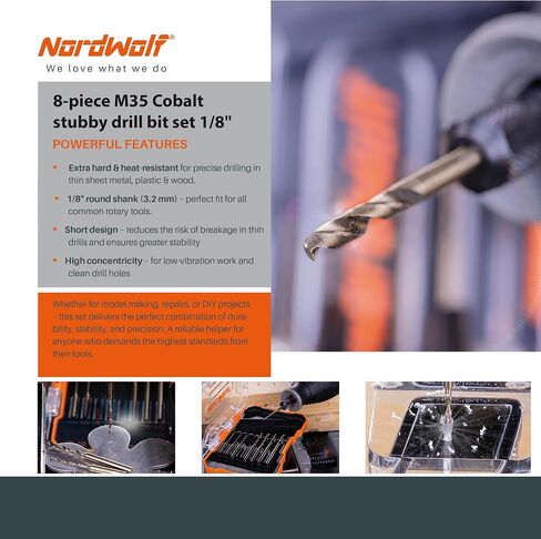 8-Piece M35 Cobalt Multi-Purpose Drill Bit Set, with 1/8" Straight Shank for Rotary Tools, SAE Sizes 1/32"-3/64"-1/16"-5/64"-3/32"-7/64"-1/8" in Storage Case in Kuwait