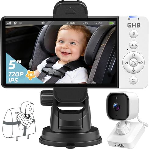 GHB Wireless Baby Car Camera 5" HD, 3500mAh Baby Monitor 2000mAh Camera | Non WiFi, Temperature Alert, 720P Night Vision VOX Mode, 360° Rotatable Rear Facing Monitor Baby Gifts for Home Pets in Kuwait