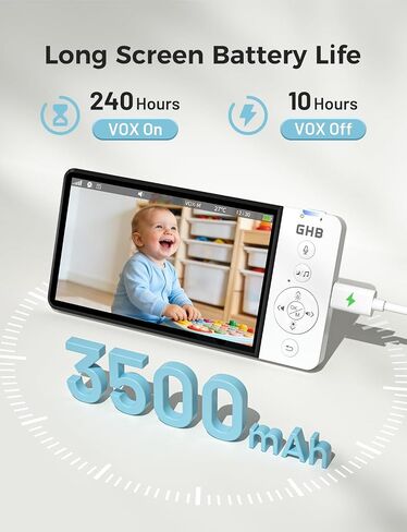 GHB Wireless Baby Car Camera 5" HD, 3500mAh Baby Monitor 2000mAh Camera | Non WiFi, Temperature Alert, 720P Night Vision VOX Mode, 360° Rotatable Rear Facing Monitor Baby Gifts for Home Pets in Kuwait