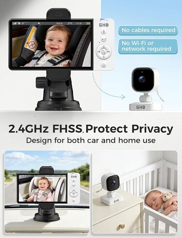 GHB Wireless Baby Car Camera 5" HD, 3500mAh Baby Monitor 2000mAh Camera | Non WiFi, Temperature Alert, 720P Night Vision VOX Mode, 360° Rotatable Rear Facing Monitor Baby Gifts for Home Pets in Kuwait