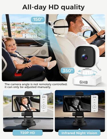 GHB Wireless Baby Car Camera 5" HD, 3500mAh Baby Monitor 2000mAh Camera | Non WiFi, Temperature Alert, 720P Night Vision VOX Mode, 360° Rotatable Rear Facing Monitor Baby Gifts for Home Pets in Kuwait