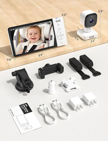GHB Wireless Baby Car Camera 5" HD, 3500mAh Baby Monitor 2000mAh Camera | Non WiFi, Temperature Alert, 720P Night Vision VOX Mode, 360° Rotatable Rear Facing Monitor Baby Gifts for Home Pets in Kuwait