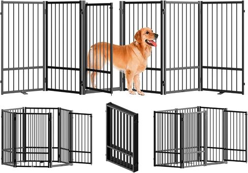 SNUOWU Full Metal Freestanding Dog Gate with Door, 32''Height Foldable Pet Dog Fence for Indoor & Outdoor, 4 Panels Extra Wide Free Standing TallDog Gates for Doorways,House,Stairs,Porch,Deck,Yard in Saudi Arabia