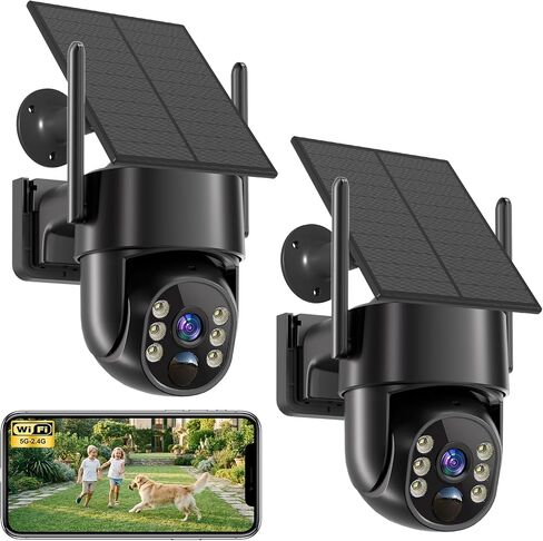 2K Security Cameras Wireless Outdoor, 5G & 2.4 WiFi Cameras for Home Security Solar/Battery Powered with Solar Panel, 360° PTZ Human Detection, Color Night Vision, Works with Alexa(2 Pack) in Kuwait