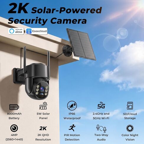 2K Security Cameras Wireless Outdoor, 5G & 2.4 WiFi Cameras for Home Security Solar/Battery Powered with Solar Panel, 360° PTZ Human Detection, Color Night Vision, Works with Alexa(2 Pack) in Kuwait