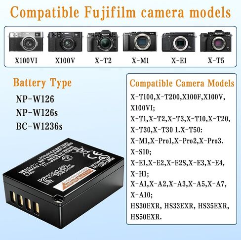 for Fujifilm Battery, NP-W126S Battery with Charger Replacement for Fuji X-T100, X-T200, X100F, X100V, X-S10, X-A10, X-E3, X-E4, X-A5, X-Pro2, X-Pro3, X-T1, X-T2, X-T3, X-T10, X-T20, X-T30, X-T30 II in Kuwait