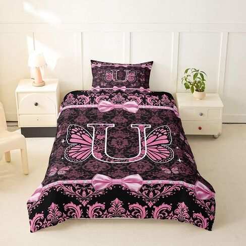 Coquette Aesthetic Butterfly Letter U Duvet Cover Set Victorian Damask Pink Bow Girl Toddler Bedding Set for Young Boys Glam Preppy Y2K Initial Monogram Comforter Cover Princess Floral Bed Sets in Kuwait