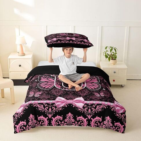 Coquette Aesthetic Butterfly Letter U Duvet Cover Set Victorian Damask Pink Bow Girl Toddler Bedding Set for Young Boys Glam Preppy Y2K Initial Monogram Comforter Cover Princess Floral Bed Sets in Kuwait