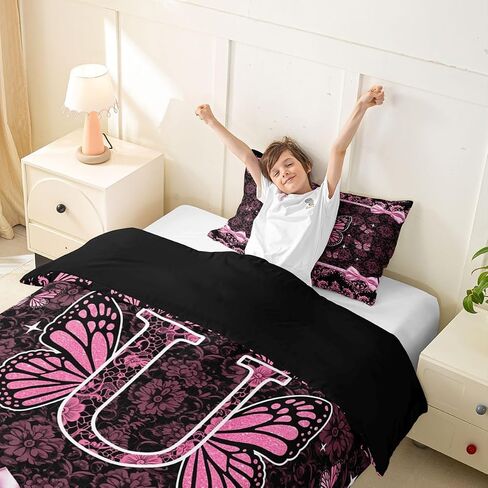 Coquette Aesthetic Butterfly Letter U Duvet Cover Set Victorian Damask Pink Bow Girl Toddler Bedding Set for Young Boys Glam Preppy Y2K Initial Monogram Comforter Cover Princess Floral Bed Sets in Kuwait