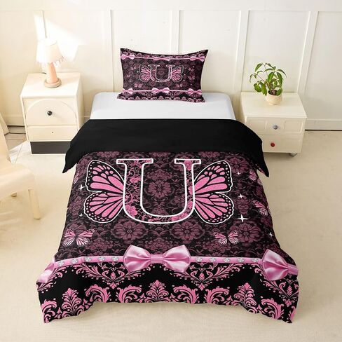 Coquette Aesthetic Butterfly Letter U Duvet Cover Set Victorian Damask Pink Bow Girl Toddler Bedding Set for Young Boys Glam Preppy Y2K Initial Monogram Comforter Cover Princess Floral Bed Sets in Kuwait