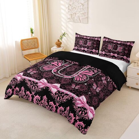 Coquette Aesthetic Butterfly Letter U Duvet Cover Set Victorian Damask Pink Bow Girl Toddler Bedding Set for Young Boys Glam Preppy Y2K Initial Monogram Comforter Cover Princess Floral Bed Sets in Kuwait