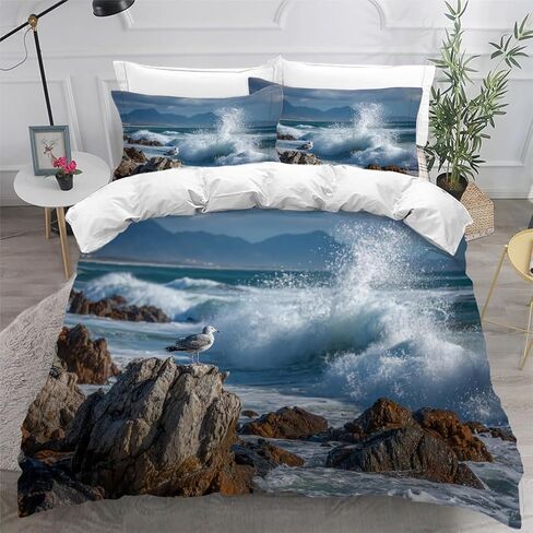 Ocean Waves Toddler Bedding Set, Rock & Seagull Toddler Duvet Cover, Ocean Waves Comforter Cover & 1 Pillow Sham, Super Soft Microfiber with Zipper & Ties, All Season B42 in Kuwait