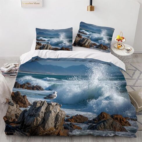 Ocean Waves Toddler Bedding Set, Rock & Seagull Toddler Duvet Cover, Ocean Waves Comforter Cover & 1 Pillow Sham, Super Soft Microfiber with Zipper & Ties, All Season B42 in Kuwait