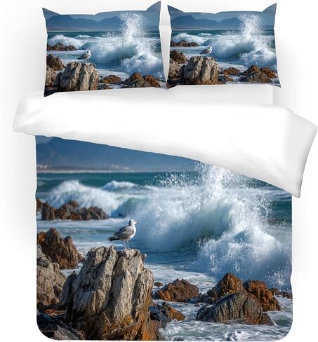 Ocean Waves Toddler Bedding Set, Rock & Seagull Toddler Duvet Cover, Ocean Waves Comforter Cover & 1 Pillow Sham, Super Soft Microfiber with Zipper & Ties, All Season B42 in Kuwait