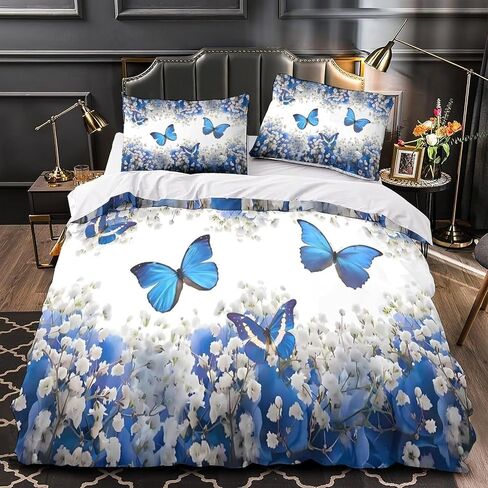 Blue Duvet Cover Toddler, Flower Bedding Set 2 Piece, Butterfly Bedroom Decor & Gift, Soft Microfiber Toddler Comforter Cover and 1 Pillow Sham, with Zipper Closure & Ties B34 in Kuwait